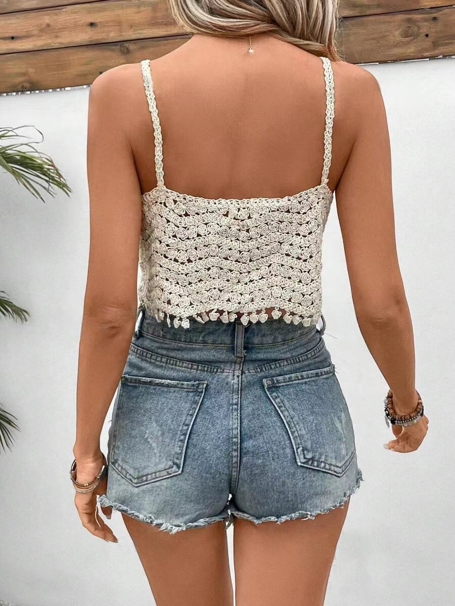 Women Hand Crocheted Halter Top With Fringe Hanging Beads Crochet hook Bella Mia