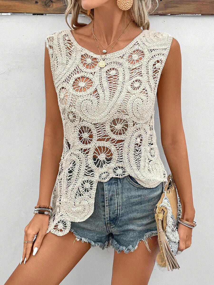 Women Hollow Solid Vest Short Asymmetric Top Crochet hook Bella Mia