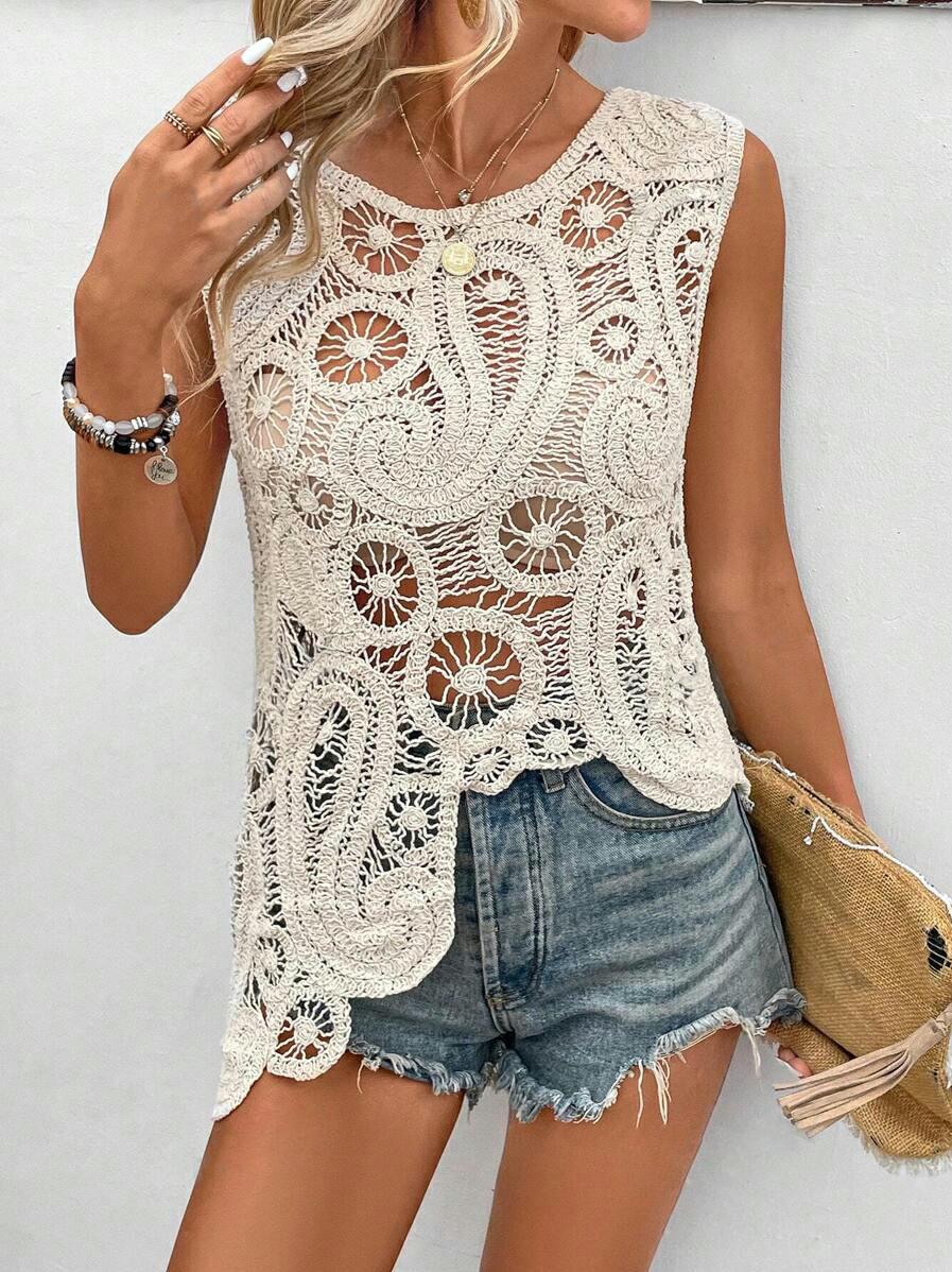 Women Hollow Solid Vest Short Asymmetric Top Crochet hook Bella Mia