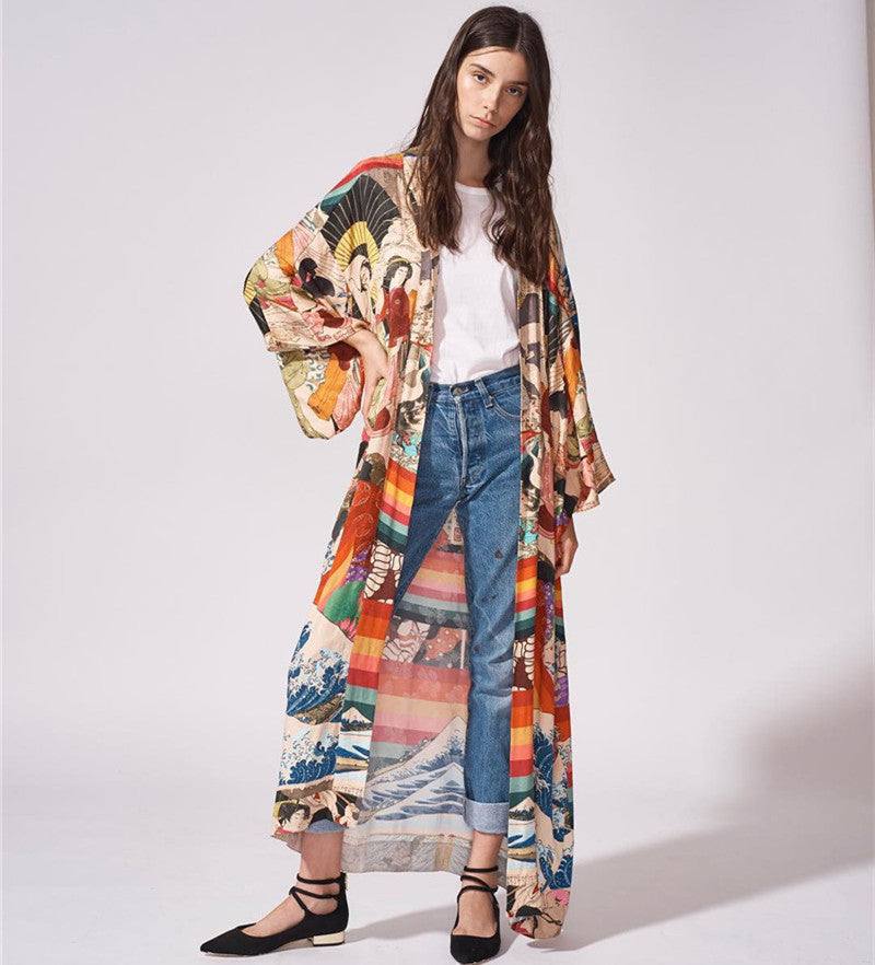 Kimono Quick-Drying Polyester Japanese Print Beach Cover up Vacation Cardigan Beach Cover Up Sun Protection Shirt Bella Mia