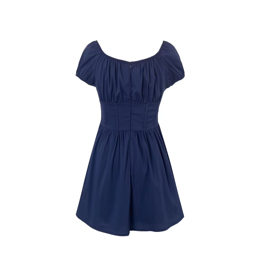 Spring Sexy Square Neck Puff Sleeve Boning Corset Side Stripe Slim Fit Short Dress