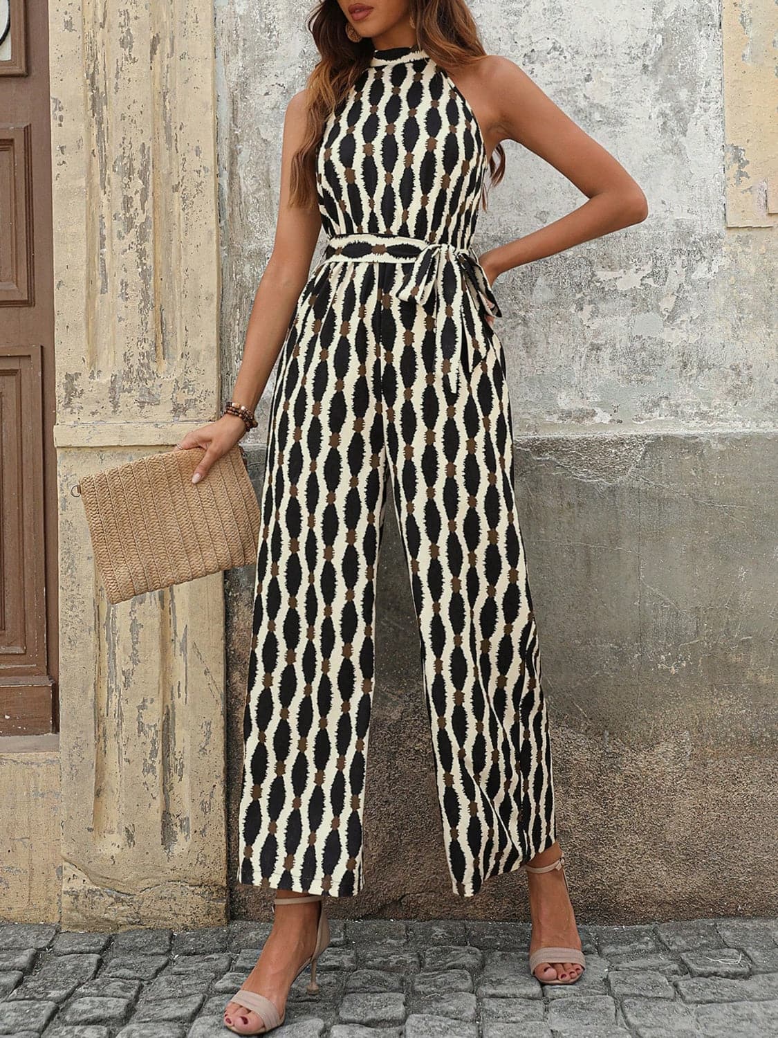 Tied Printed Grecian Neck Jumpsuit.