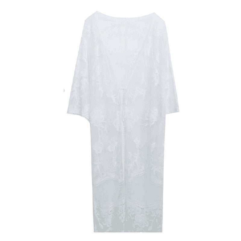 Special Loose Embroidered Lace Mesh See through Mid Length Seaside Sun Protection Clothing Cardigan Bella Mia
