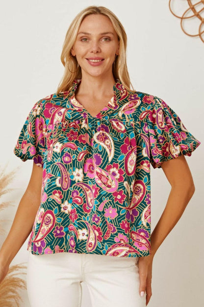 Floral Collared Neck Short Sleeve Blouse.