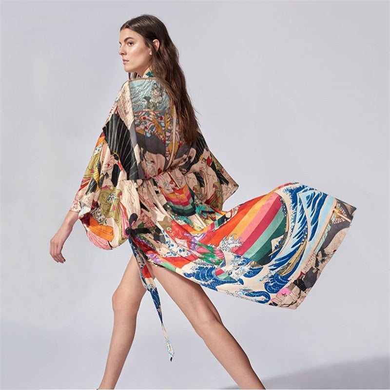 Kimono Quick-Drying Polyester Japanese Print Beach Cover up Vacation Cardigan Beach Cover Up Sun Protection Shirt Bella Mia