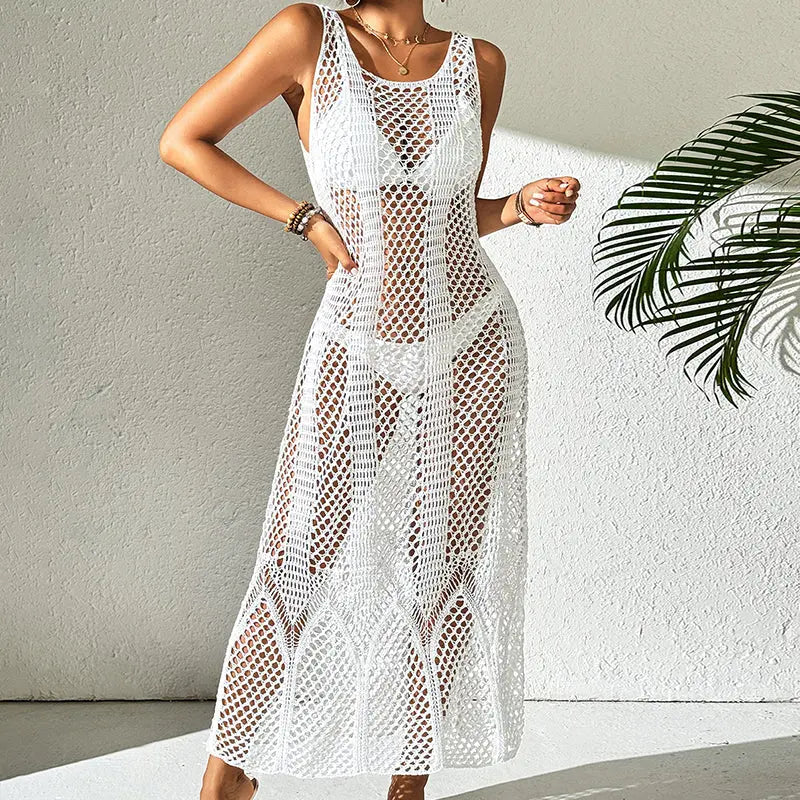 Vacation Dress Sexy U Collar Solid Color Hollow Out Cutout Out Camisole Maxi Dress Beach Sun Protection Dress Crochet hook Bella Mia