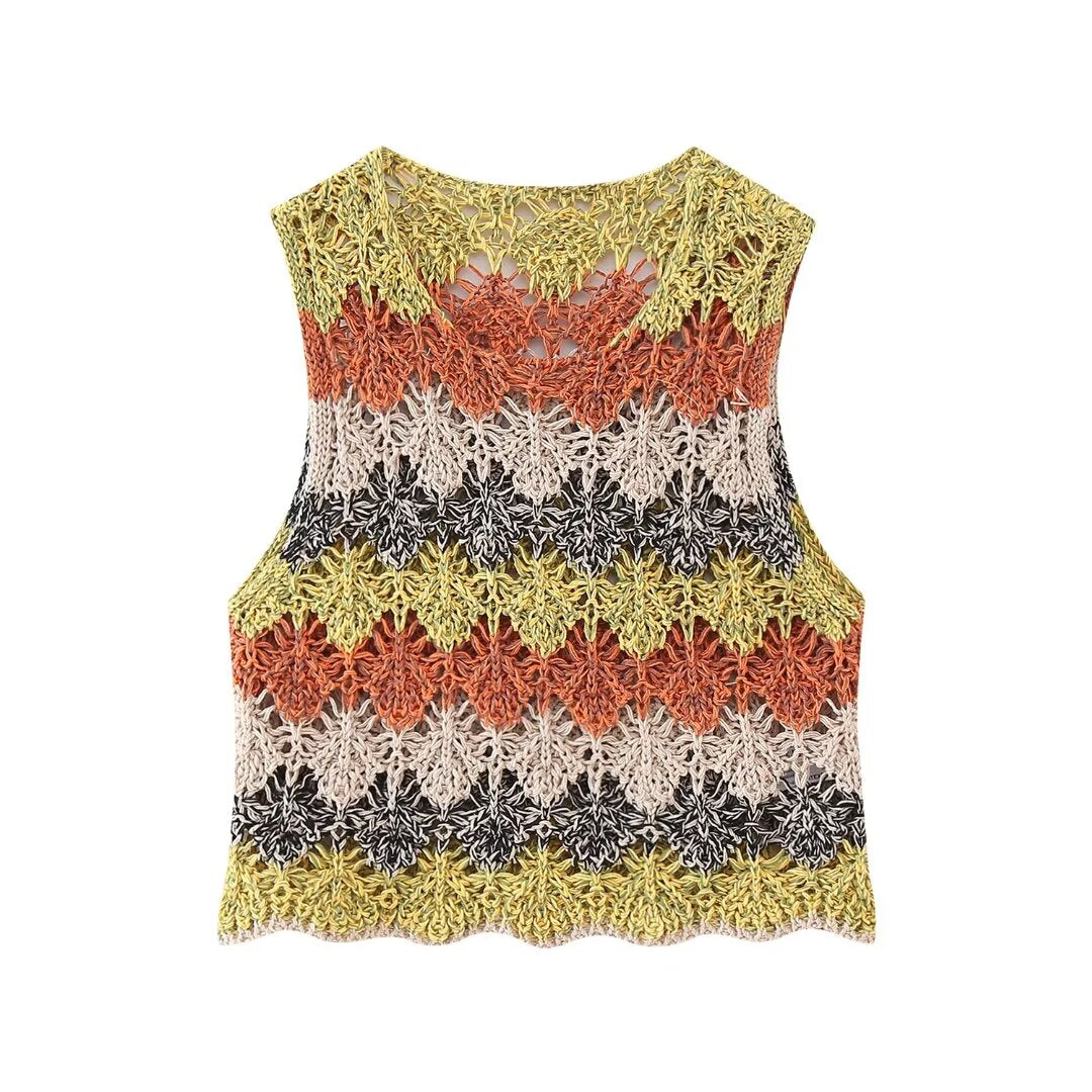 Summer Women Clothing Street Casual Hollow Out Cutout Round Sleeveless Knitwear