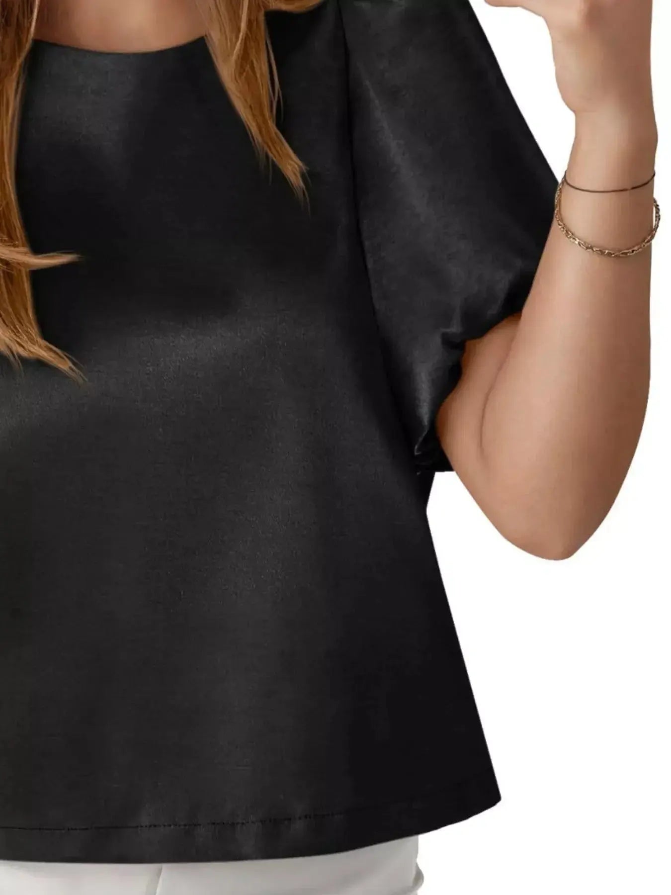 Round Neck Puff Sleeve Satin Top Simply Love