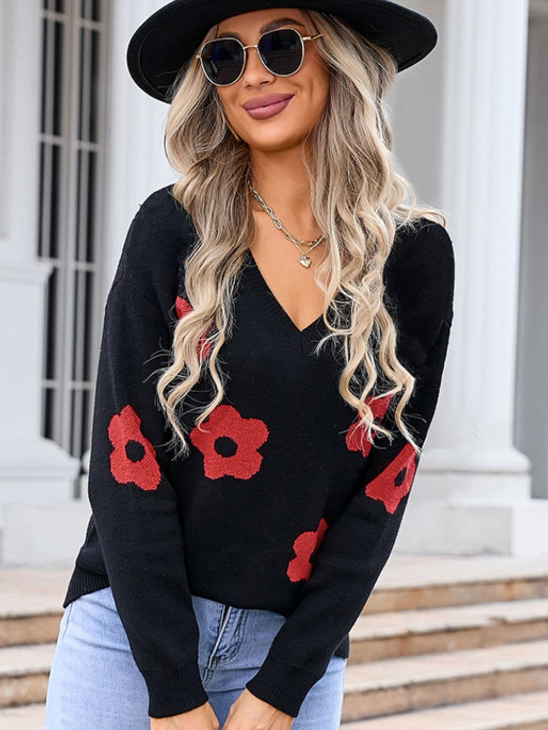 Flower V-Neck Long Sleeve Sweater.