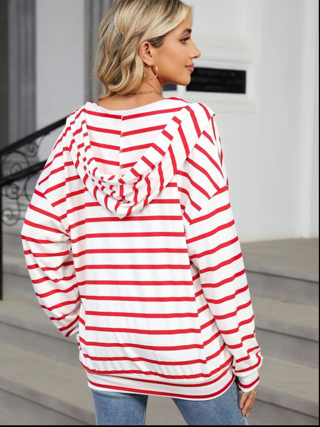 Drawstring Striped Long Sleeve Hoodie.