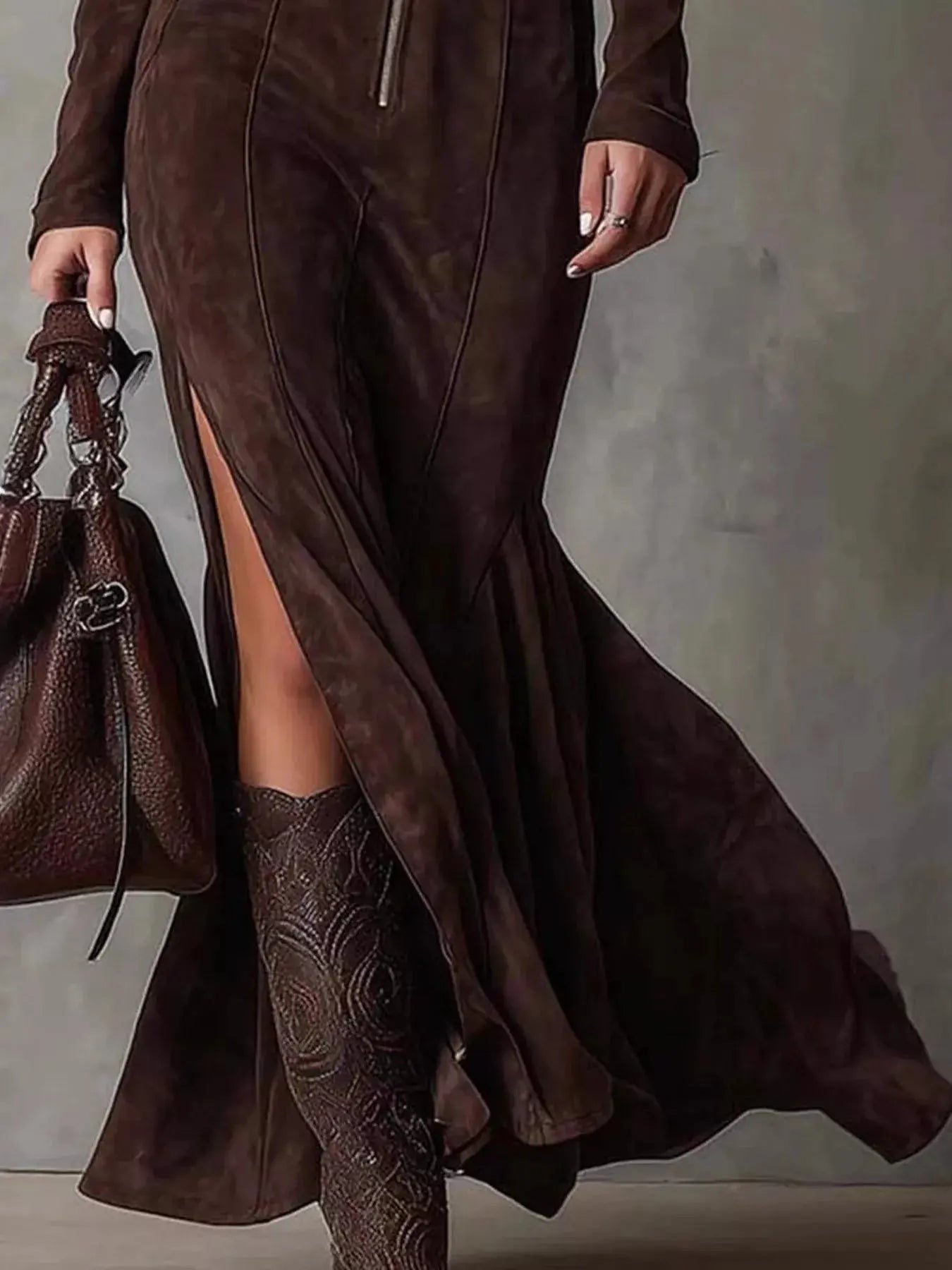 Full Size Zipper Front Long Sleeve Slit Maxi Dress Plus Size Simply Love