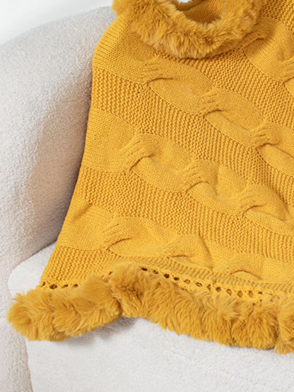 Cozy Cable-Knit Fuzzy Hem Poncho