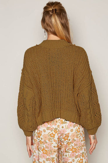 Cozy chenille mock neck cable knit sweater