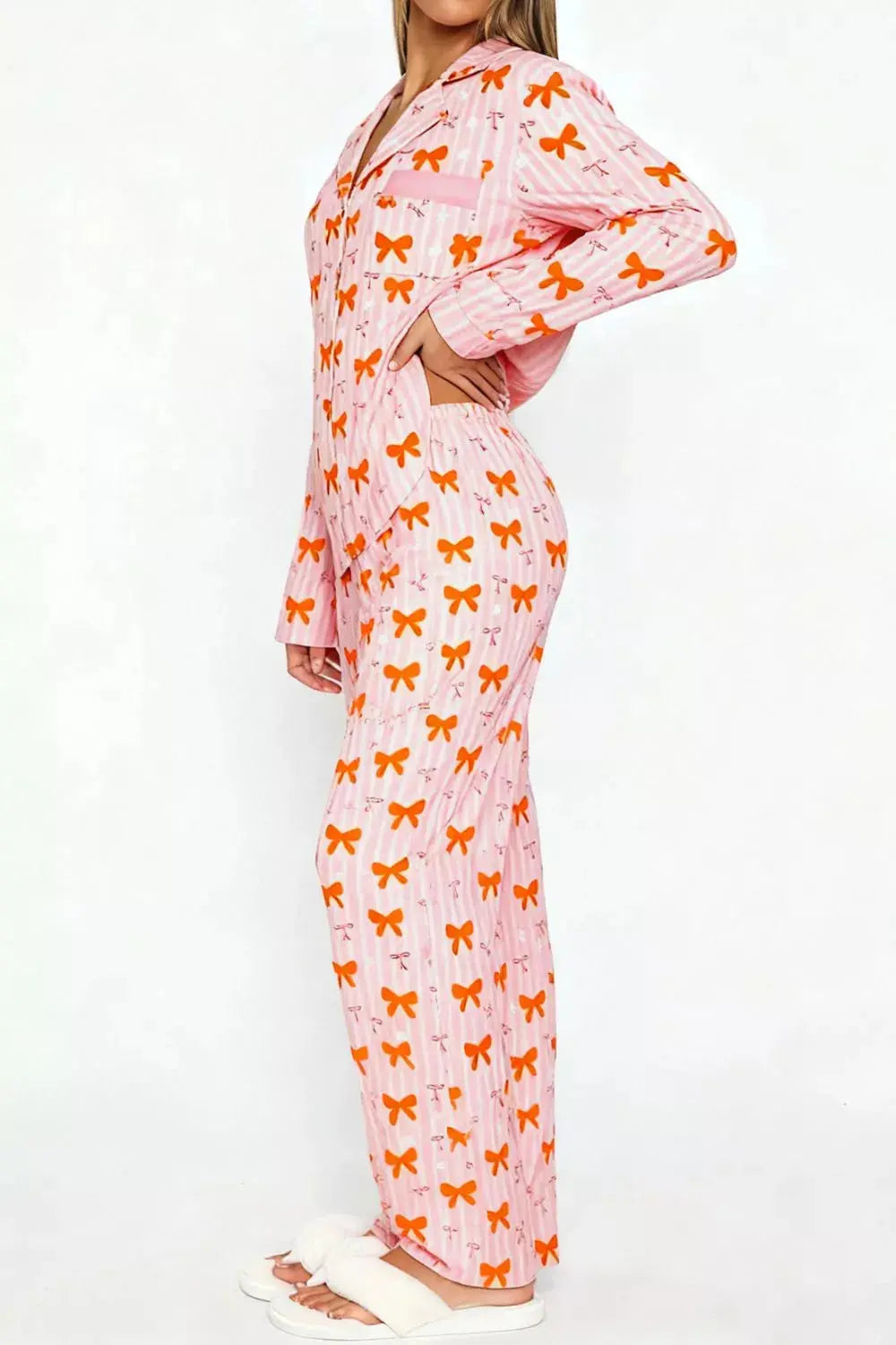 Bow Print Top and Wide Leg Pants Lounge Set Simply Love