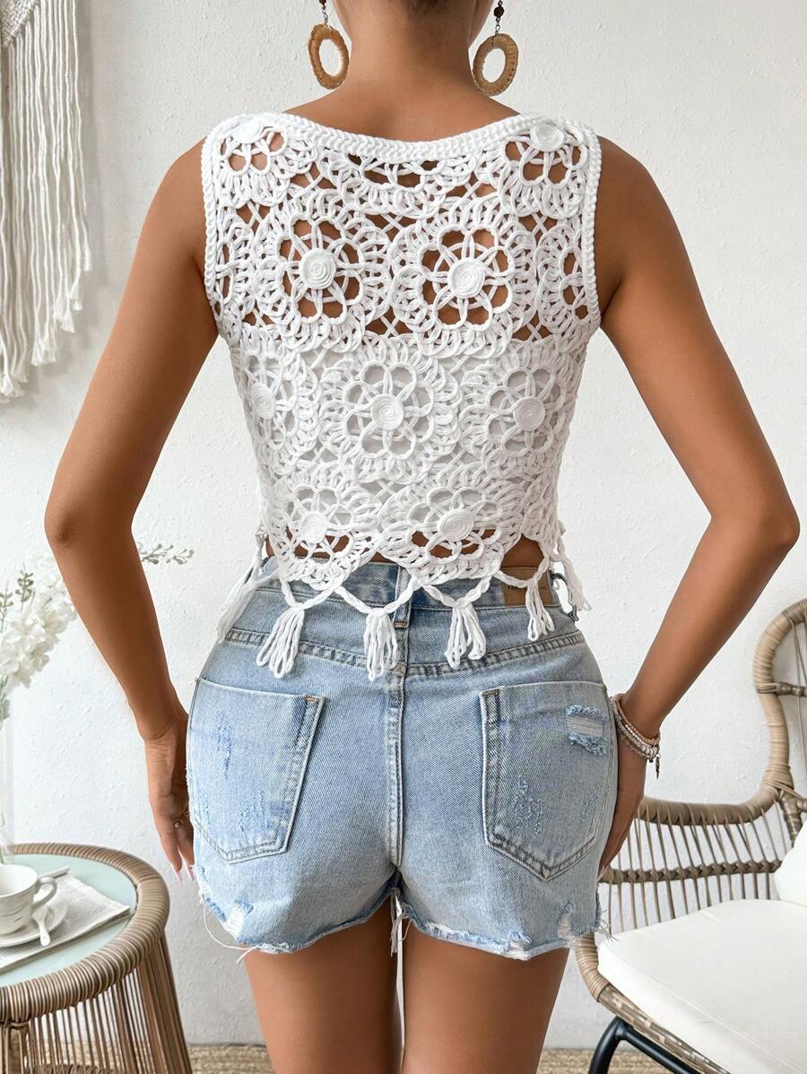 Crocheted Cutout Fringed Sleeveless Short Top Crochet hook Bella Mia