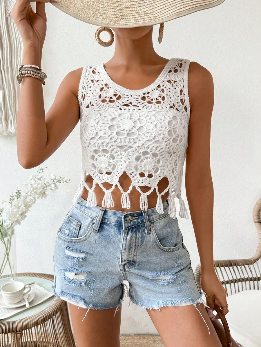 Crocheted Cutout Fringed Sleeveless Short Top Crochet hook Bella Mia