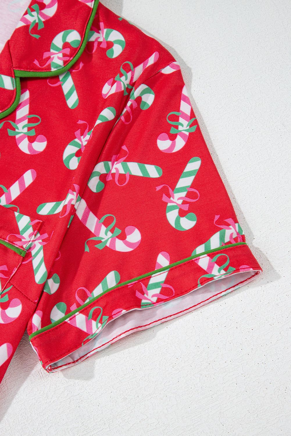 Festive Red Candy Cane Pocketed Pajama Set with Knotted Shorts