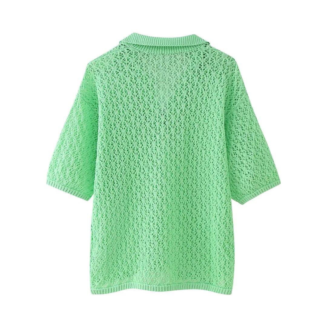 Women Clothing Summer Jacquard Mesh Loose Polo Collar Knitwear Bella Mia