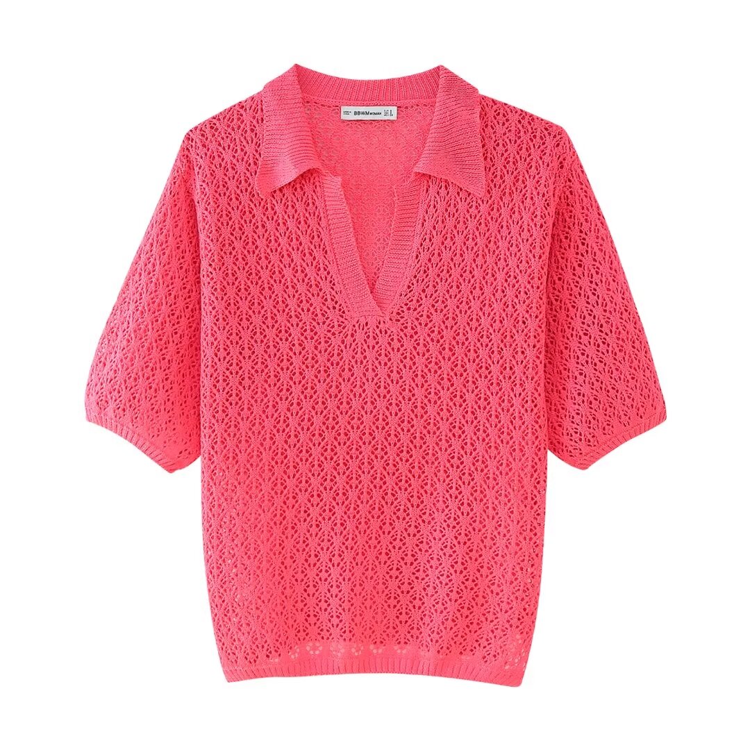 Women Clothing Summer Jacquard Mesh Loose Polo Collar Knitwear Bella Mia