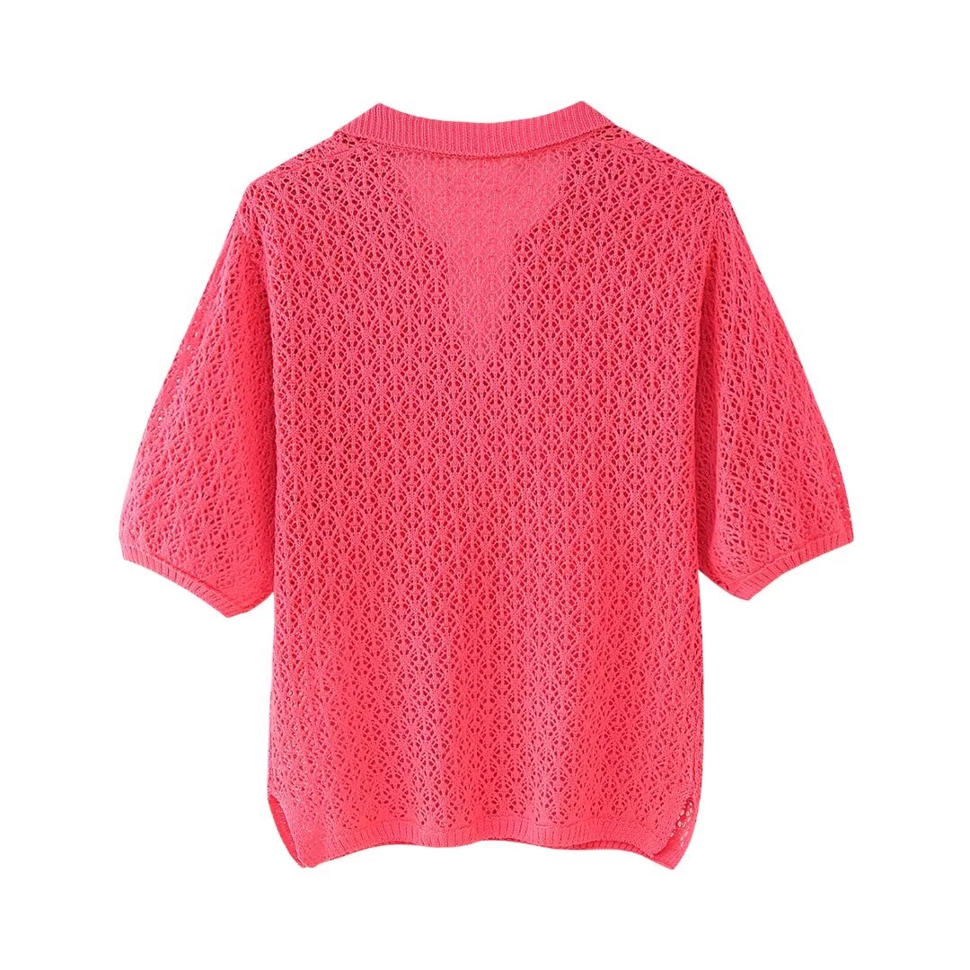 Women Clothing Summer Jacquard Mesh Loose Polo Collar Knitwear Bella Mia
