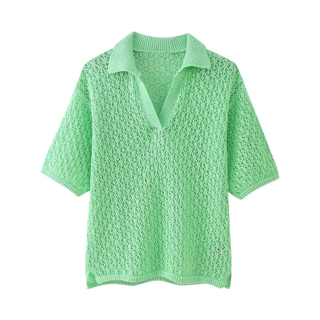 Women Clothing Summer Jacquard Mesh Loose Polo Collar Knitwear Bella Mia