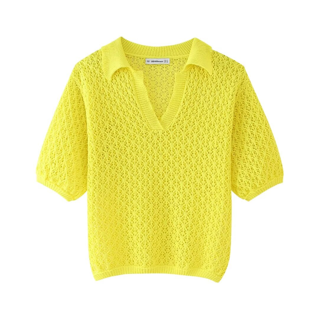 Women Clothing Summer Jacquard Mesh Loose Polo Collar Knitwear Bella Mia