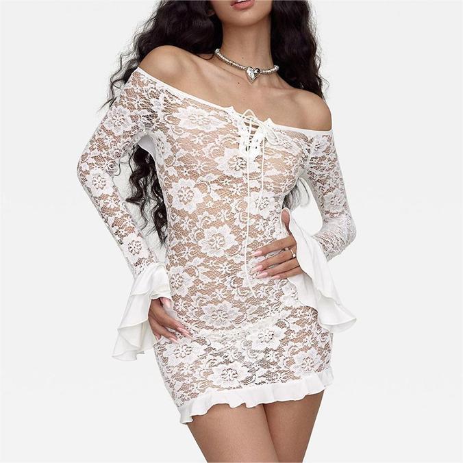 Sweet Spicy Lace Hollow Out Cutout out off Collar Tied Lotus Leaf Short Dress Summer Bella Mia