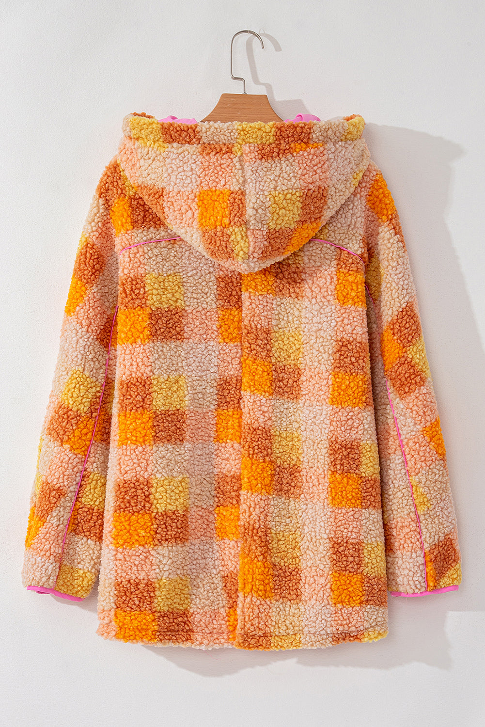 Cozy orange checkered sherpa hooded jacket for stylish warmth