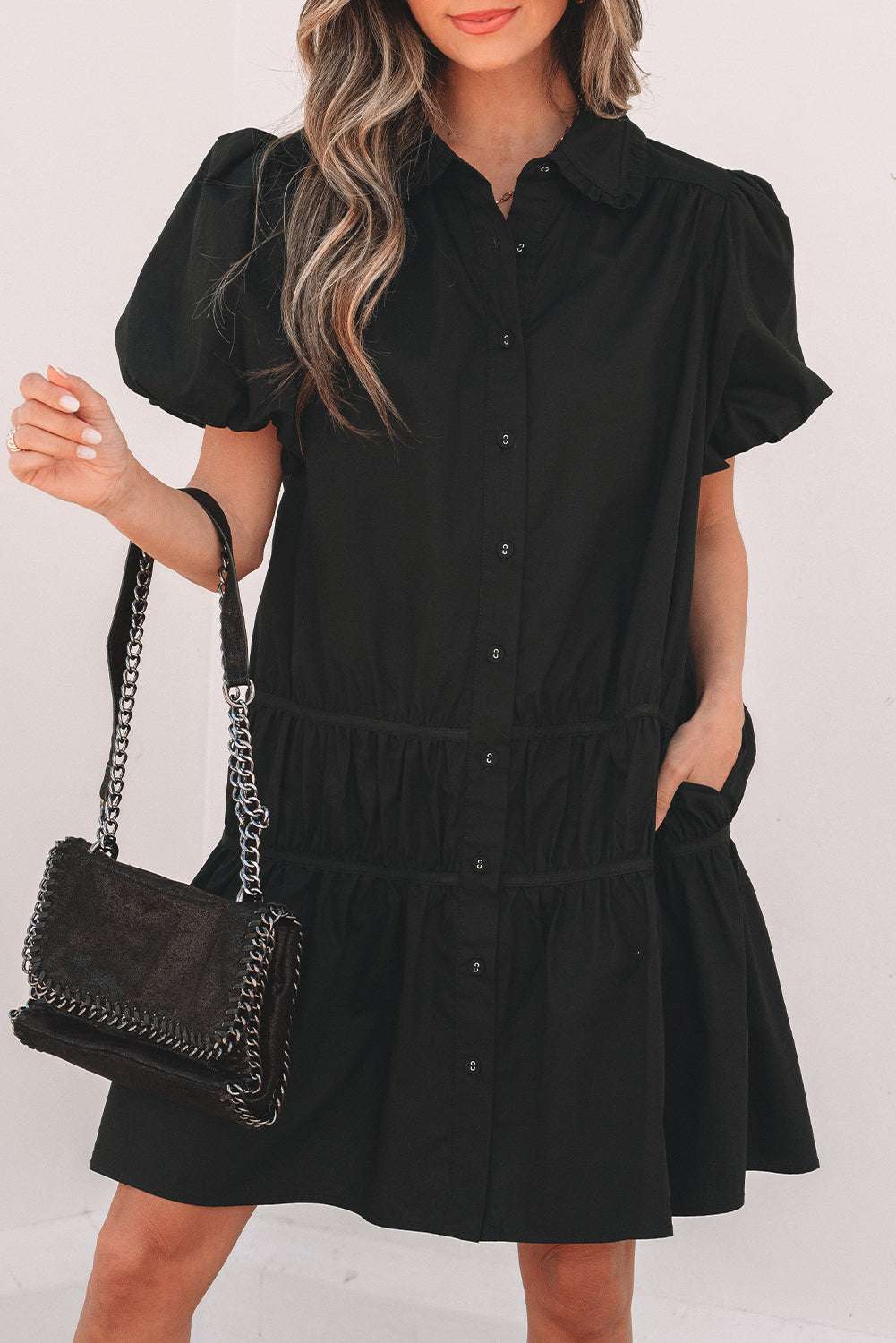 Chic Black Puff Sleeve Ruffle Hem Button Down Dress