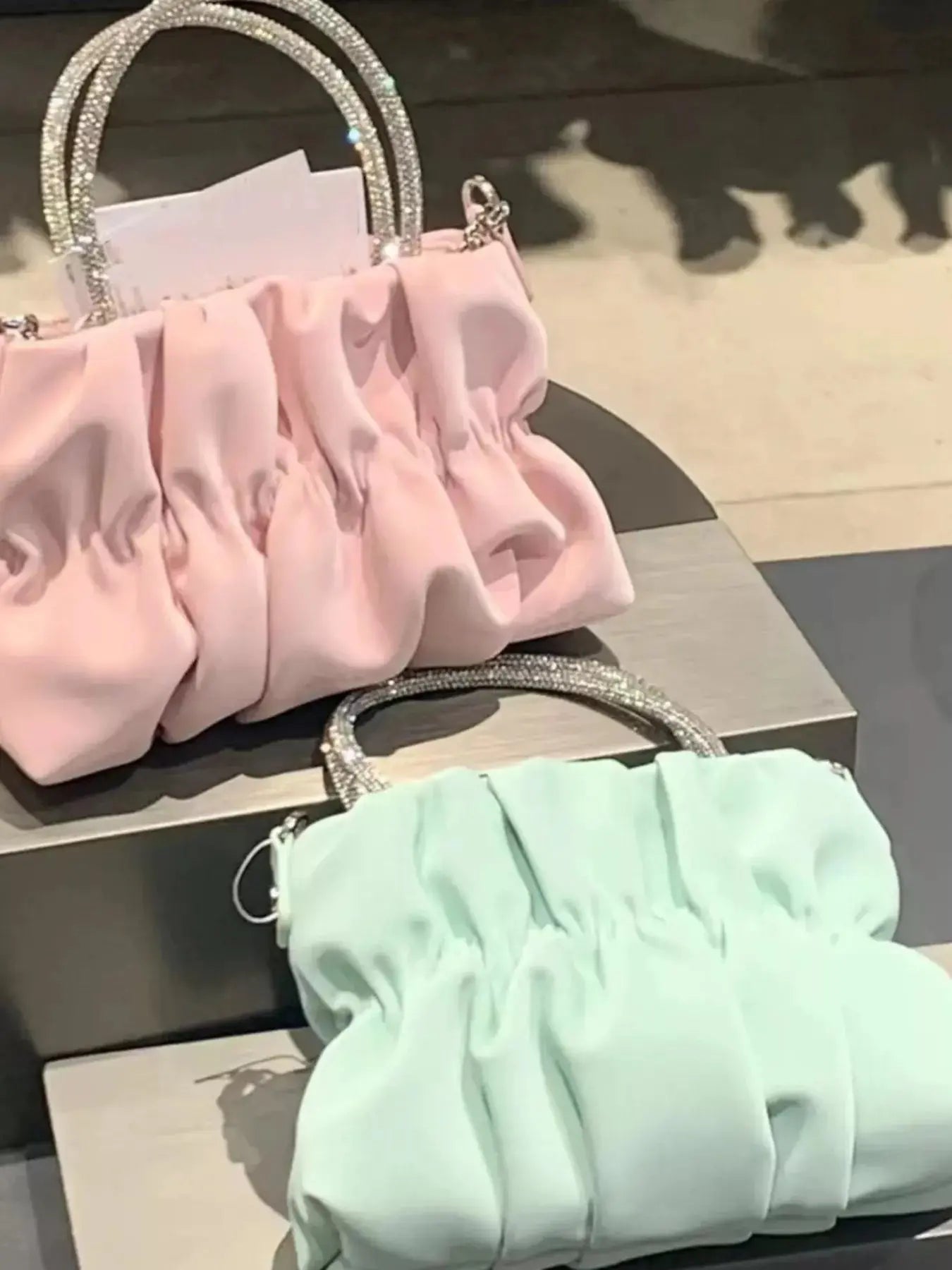 Pink Ruched Chain Crossbody Bag With Crystal Beaded Handle Small PU Leather Simply Love