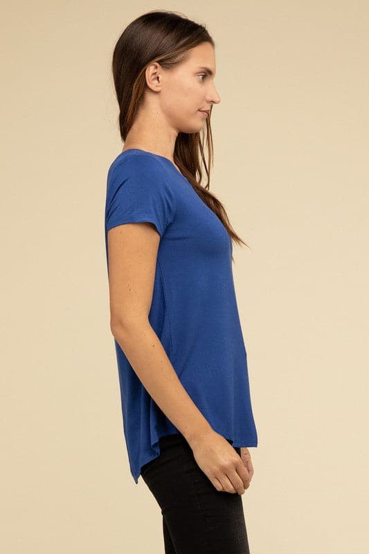 Flowy Round Hem Rayon Short Sleeve Top.