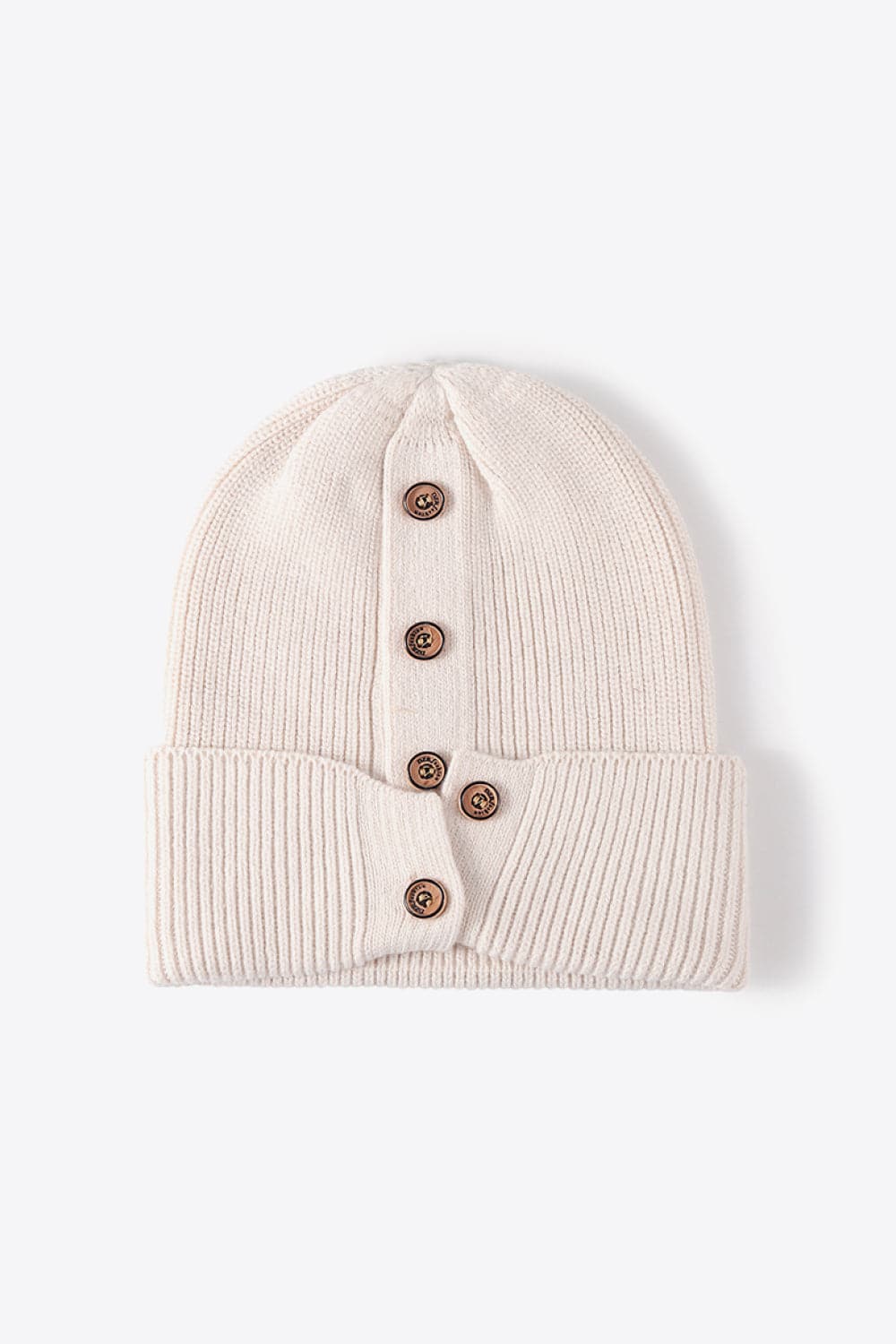 Button Detail Rib-Knit Cuff Beanie.