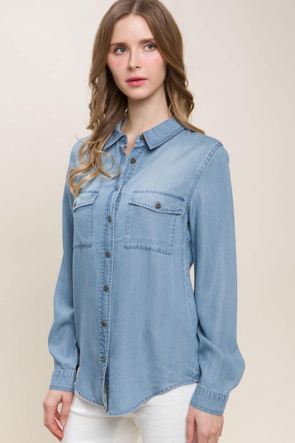 Love Tree Scooped Hem Button Up Denim Shirt.