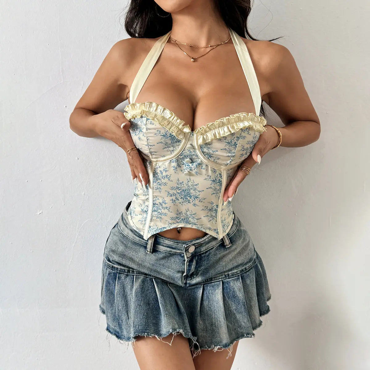 Floral Halter Crop Top With Boning And Lace Up Backless Design Bella Mia