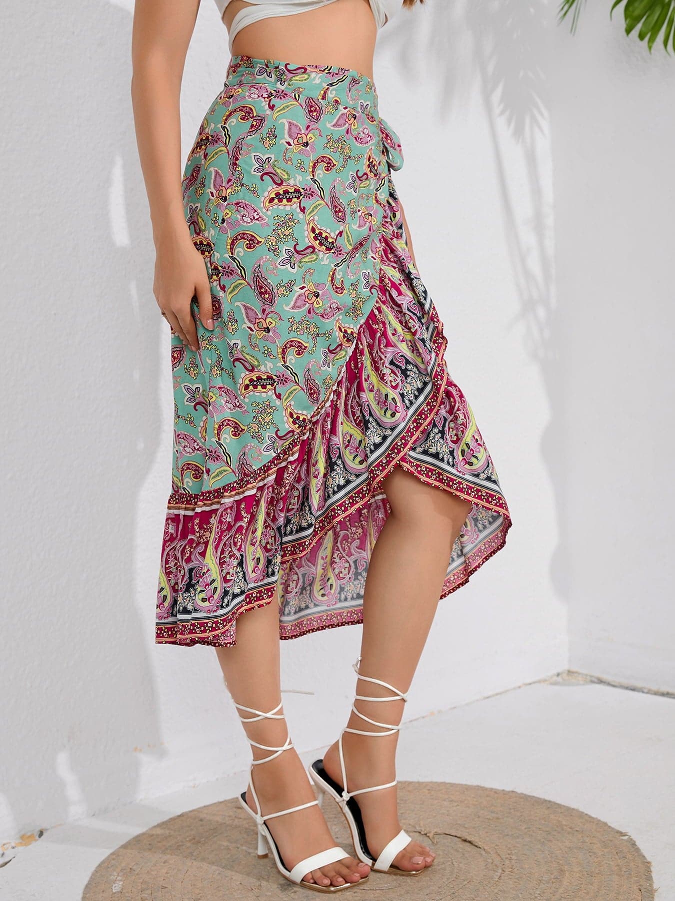 Tie Waistband Flounce Hem Midi Skirt.