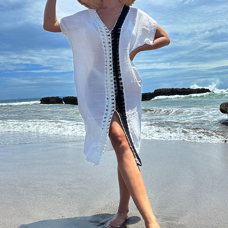 Holiday Hand Crocheting Stitching Contrast Color Beach Cover up See through Sun Protection Mid Slit Sexy Beach Cover up Crochet hook Bella Mia