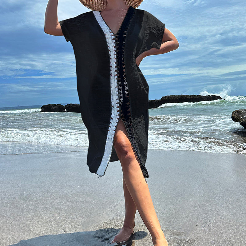 Holiday Hand Crocheting Stitching Contrast Color Beach Cover up See through Sun Protection Mid Slit Sexy Beach Cover up Crochet hook