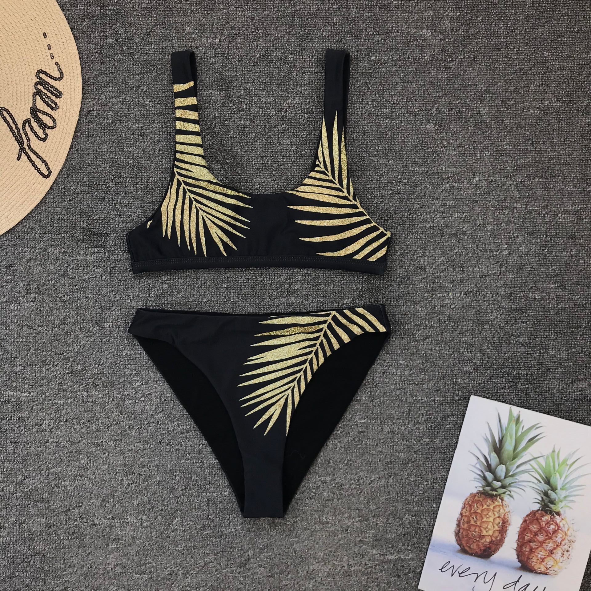 Women Split Swimsuit Golden Leaves Printed Sexy Bikini Bella Mia