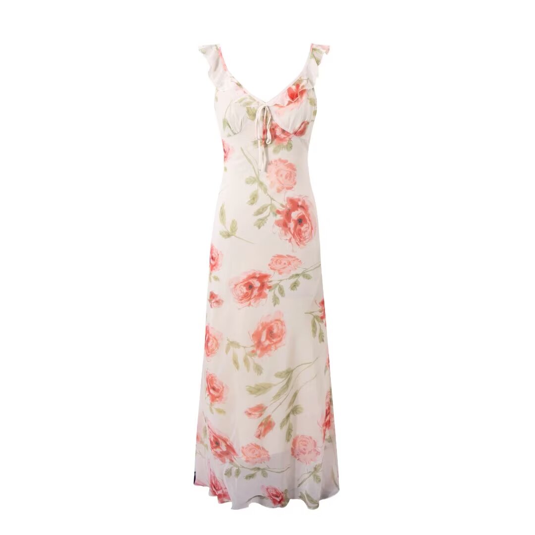 Spring Summer French Sexy Romantic Lotus Leaf Printed V neck Oblique Cut Fishtail Dress Bella Mia