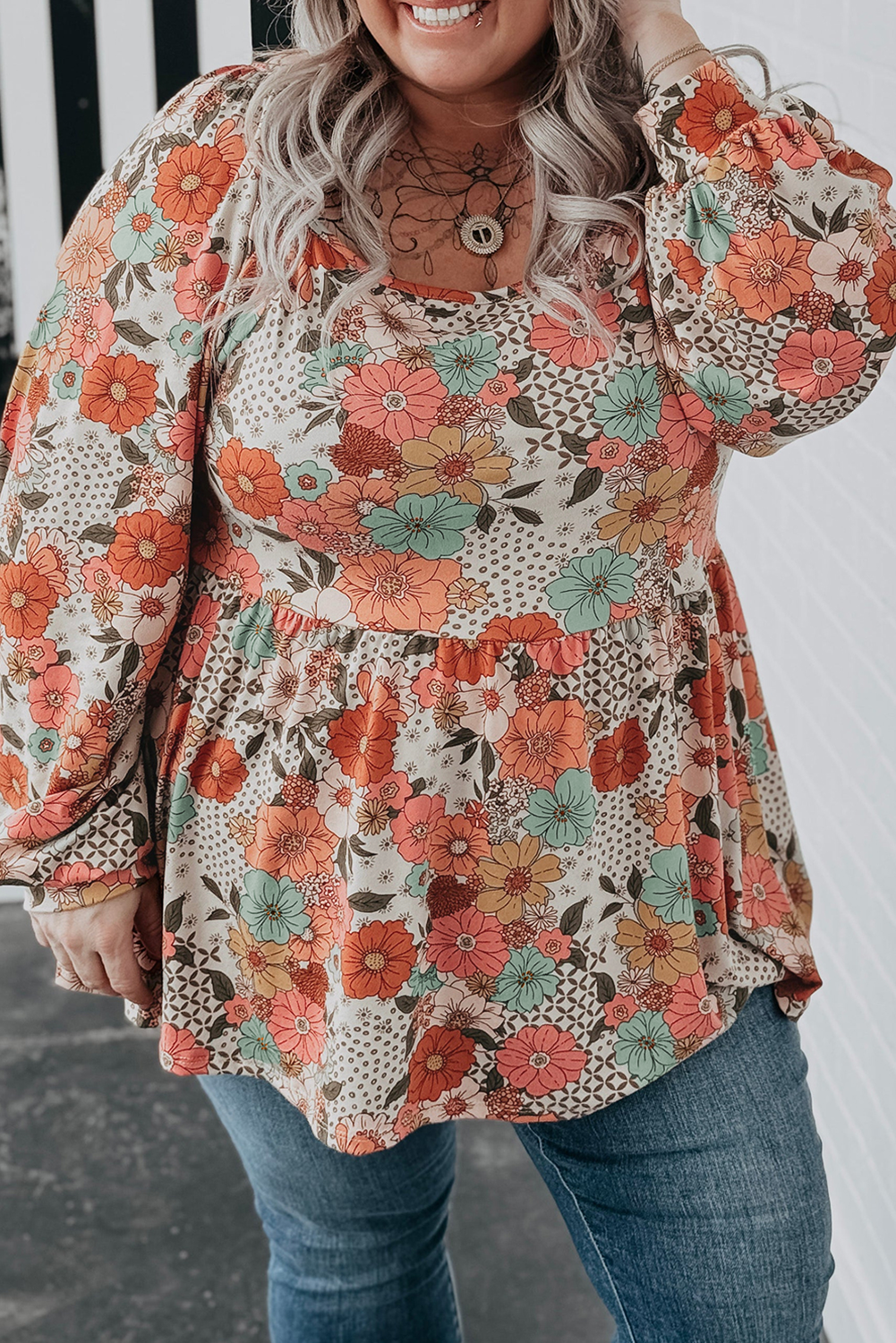 Khaki floral square neck peplum blouse in plus sizes