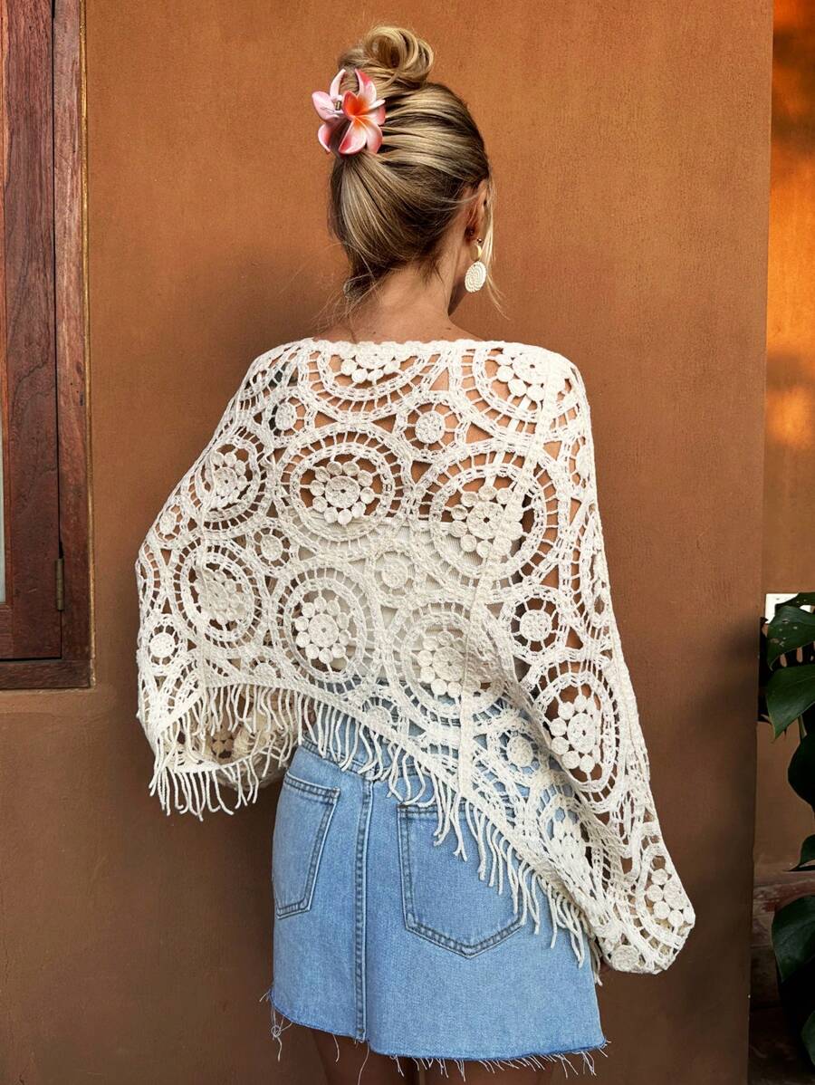 Women Summer Vacation Long Sleeve Solid Short Top Crochet hook Bella Mia