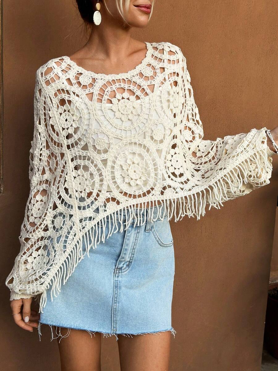 Women Summer Vacation Long Sleeve Solid Short Top Crochet hook Bella Mia