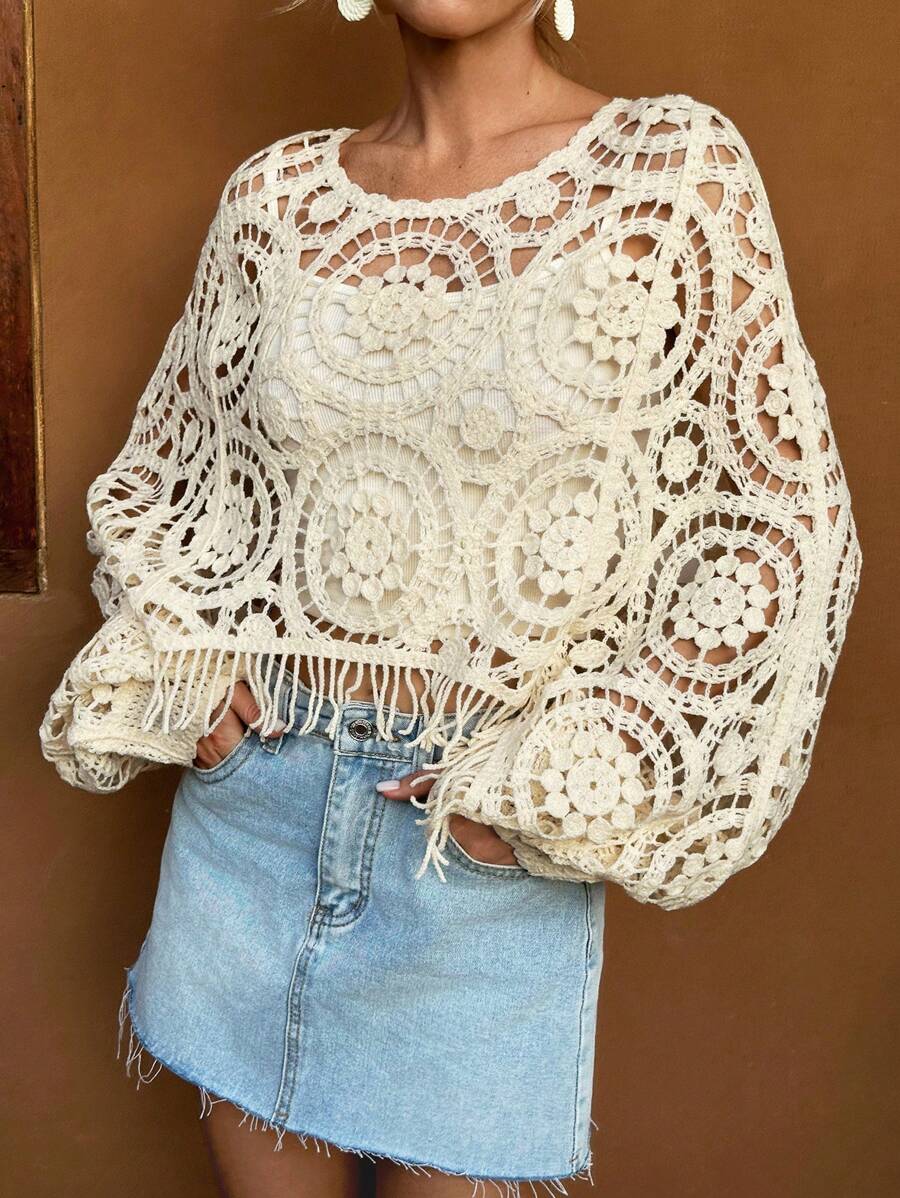 Women Summer Vacation Long Sleeve Solid Short Top Crochet hook Bella Mia