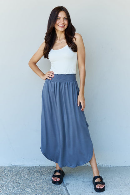 Doublju Comfort Princess Full Size High Waist Scoop Hem Maxi Skirt in Dusty Blue.