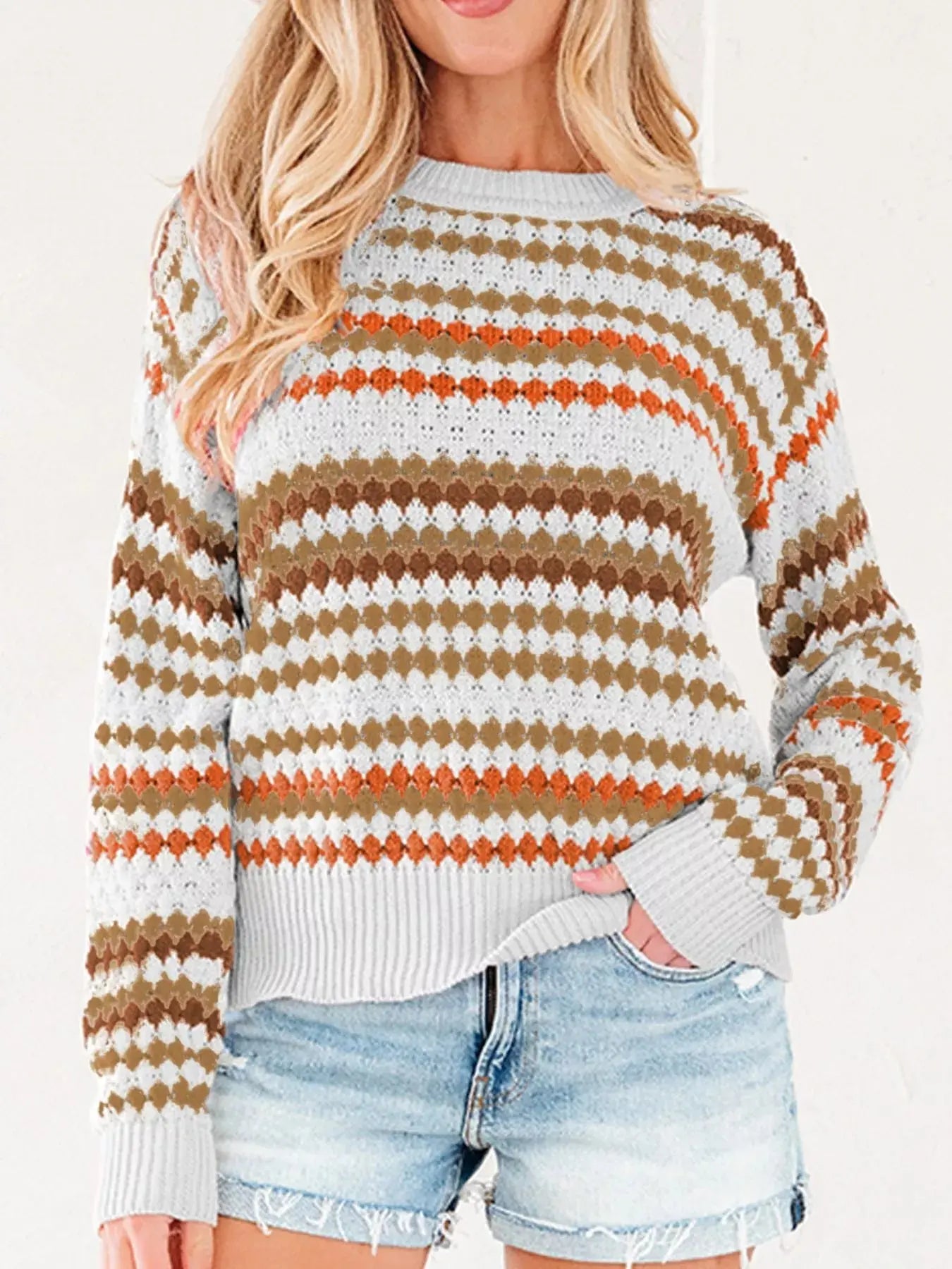 Stripe Eyelet Patterned Drop Shoulder Sweater Simply Love