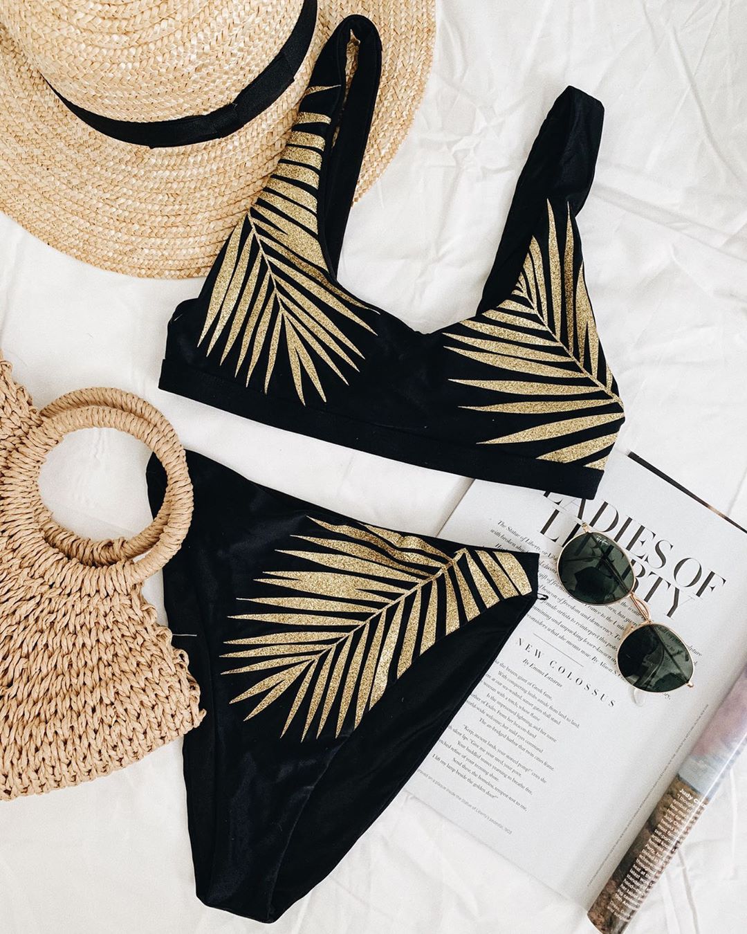 Women Split Swimsuit Golden Leaves Printed Sexy Bikini Bella Mia