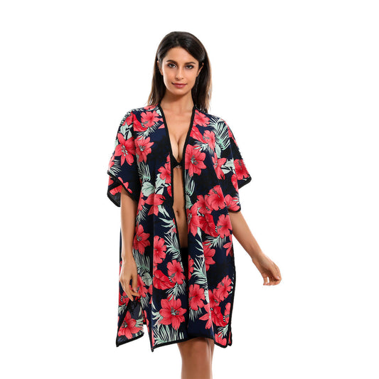 Floral Print Mid Length Chiffon Beach Sun Protection Blouse Coat Bella Mia