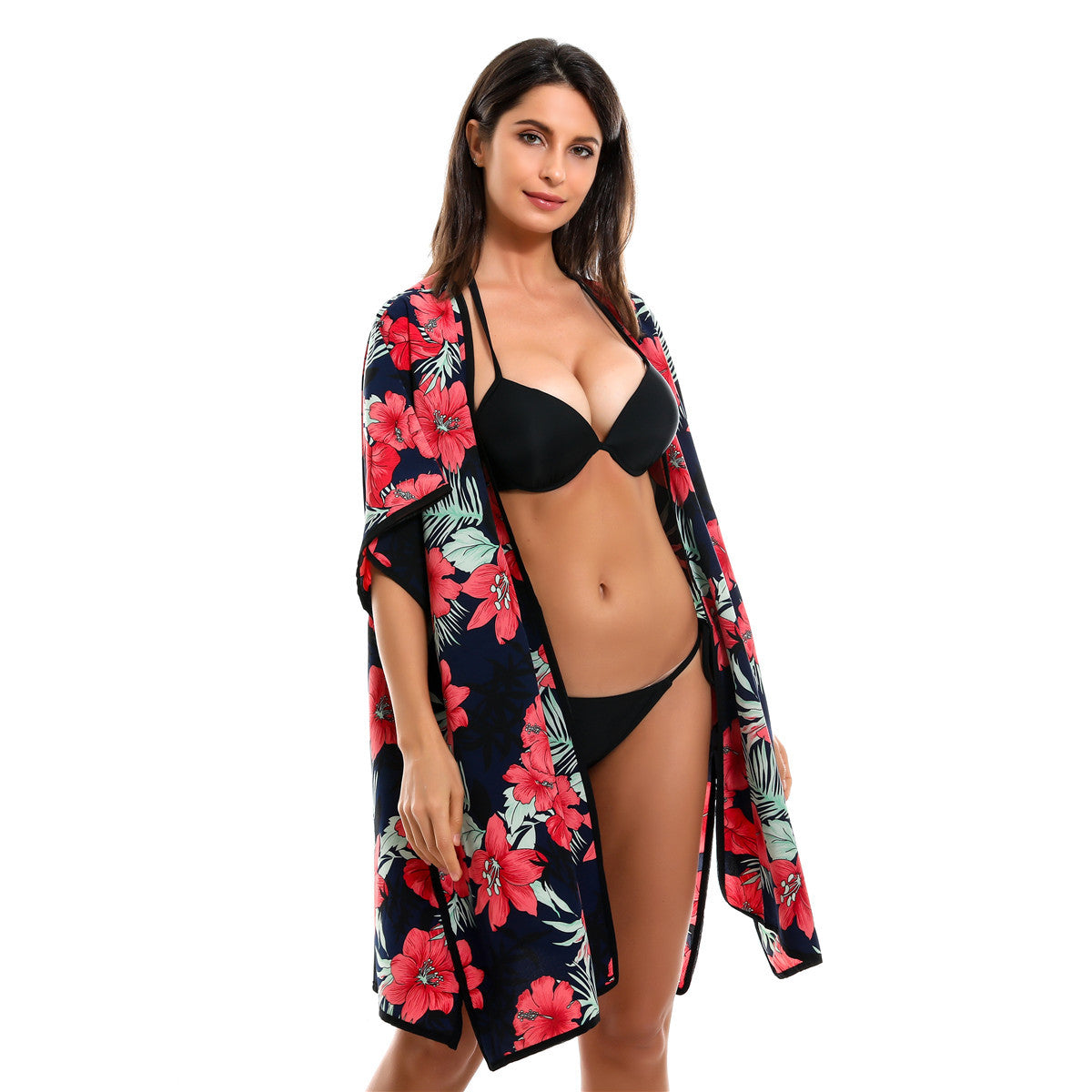 Floral Print Mid Length Chiffon Beach Sun Protection Blouse Coat Bella Mia