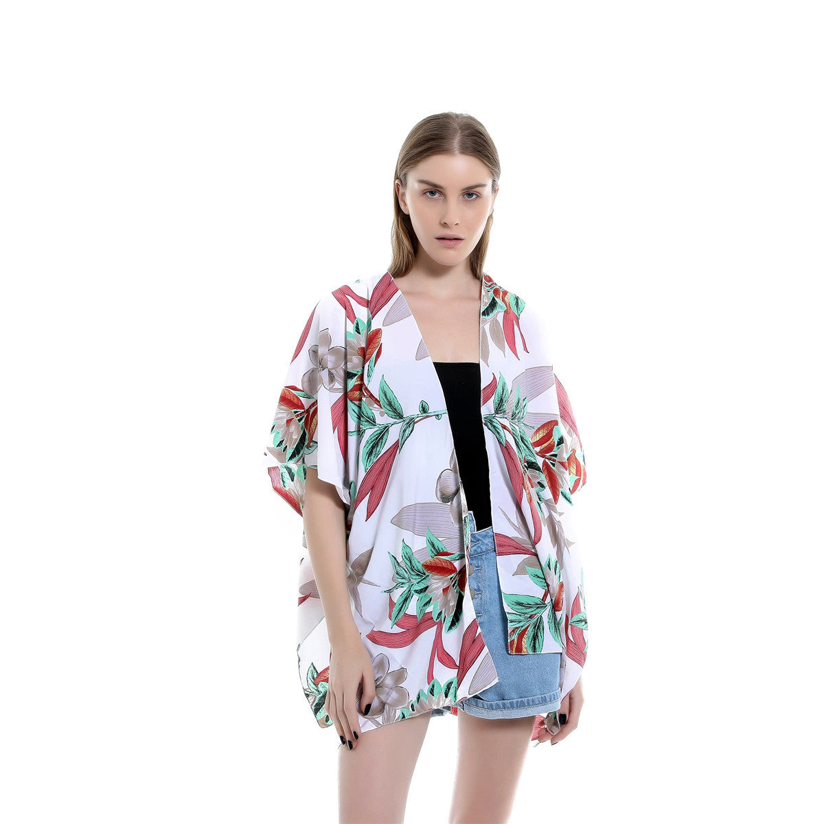 Spring Summer Vacation Travel Wild Chiffon Plant Floral Pattern Beach Sun Protection Blouse Bella Mia