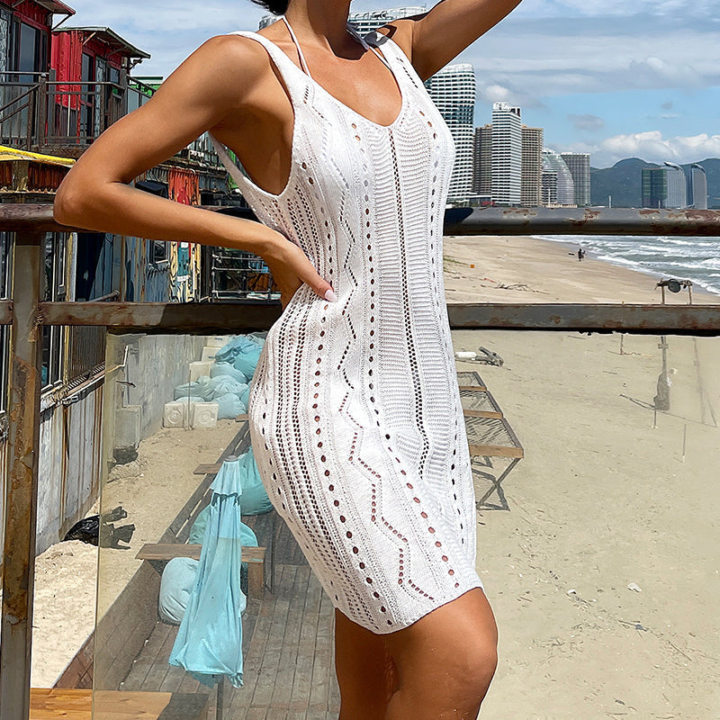 Women Clothing Short Knitted Texture Hollow Out Cutout out See through Camisole Sexy Short Dress Beach Dress Crochet hook Bella Mia